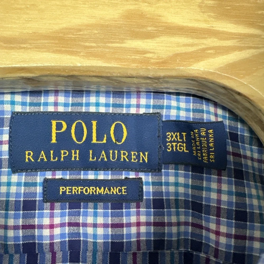 Polo Ralph‎ Lauren Performance Shirt Men 3XLT Tall Blue Check Long Sleeve Preppy